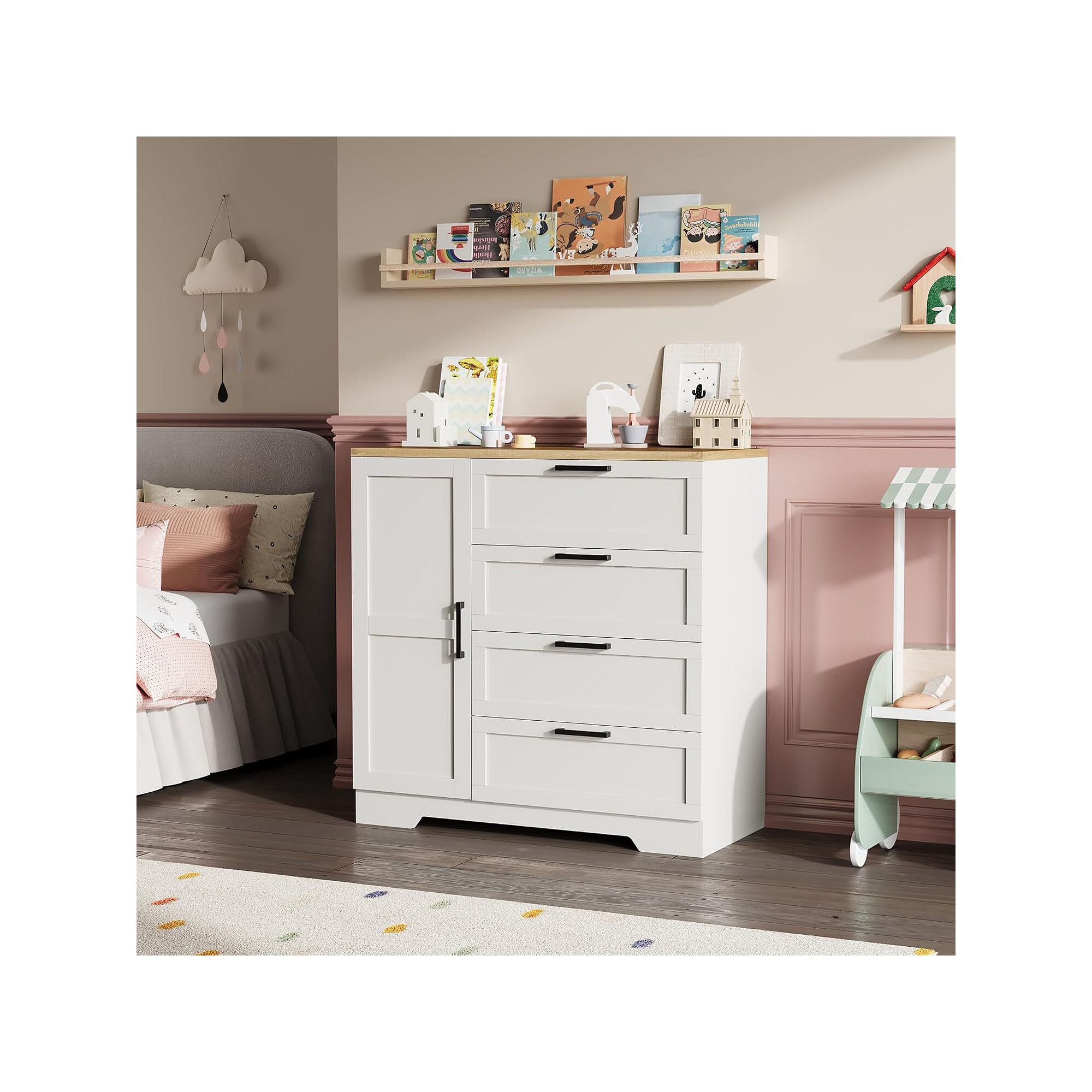 White kids wardrobe armoire cabinet with door and drawers