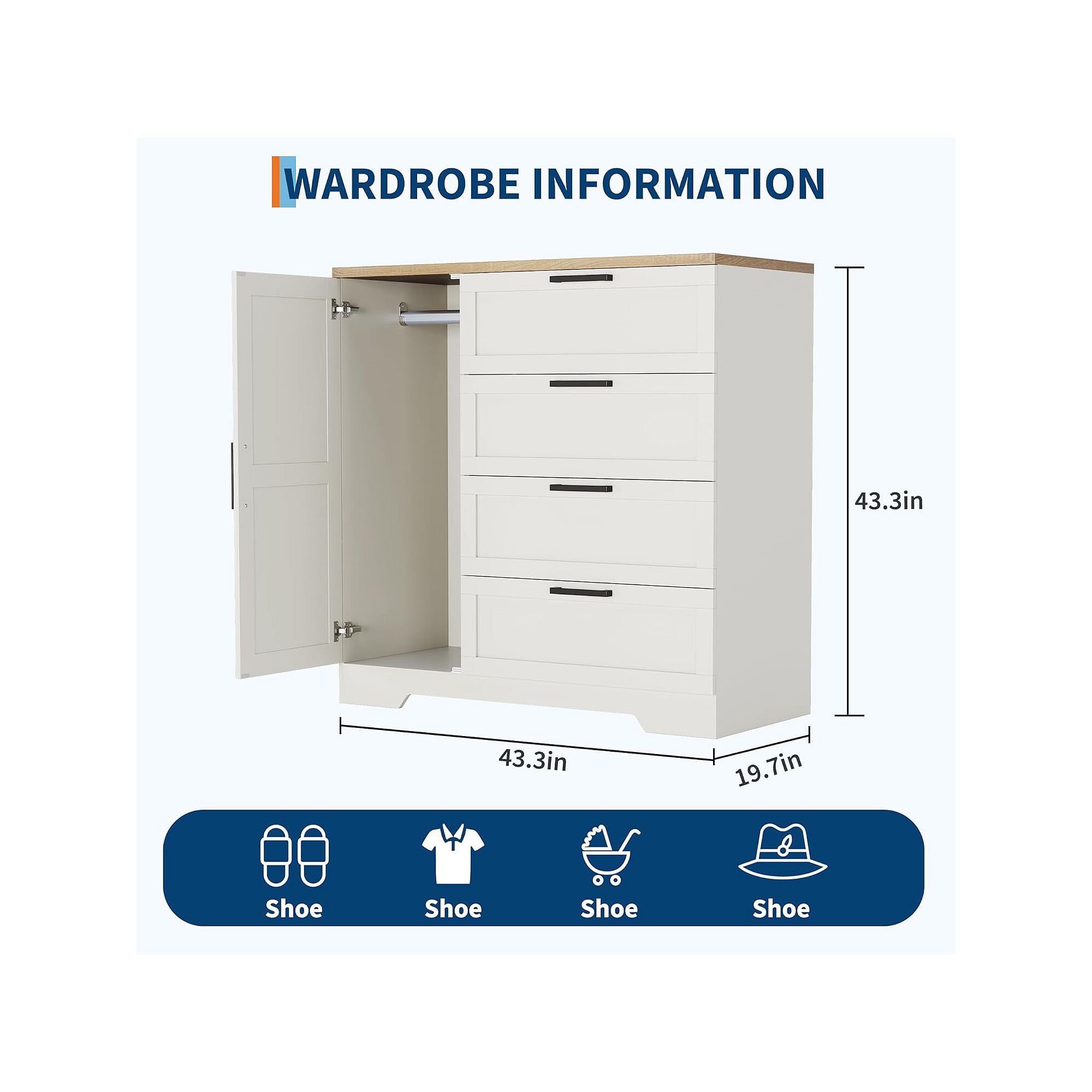 Wardrobe information diagram showing armoire dimensions