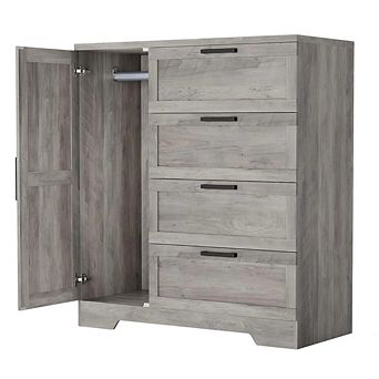 Wood Armoire Wardrobe Closet w/4 Drawers and Door, 43.3 in H Bedroom Wardrobe Cabinet w/Hanging Rod