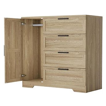 Wood Armoire Wardrobe Closet w/4 Drawers and Door, 43.3 in H Bedroom Wardrobe Cabinet w/Hanging Rod