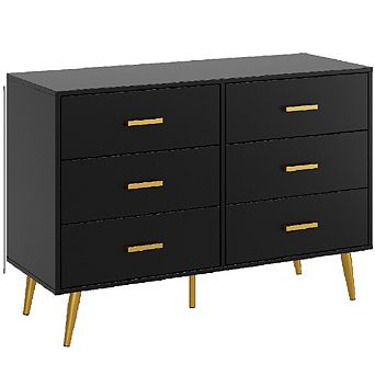Modern 6 Drawer Dresser w/Gold Handles, Wooden Chest Dresser w/Deep Drawers, Ample Storage Space