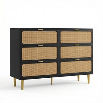 Rattan Dresser w/6 Drawers, Tall Modern Closet w/Deep Storage, Large Chest of Drawers w/Wide Top