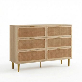 Rattan Dresser w/6 Drawers, Tall Modern Closet w/Deep Storage, Large Chest of Drawers w/Wide Top