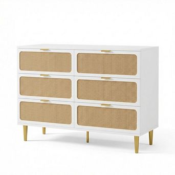 Rattan Dresser w/6 Drawers, Tall Modern Closet w/Deep Storage, Large Chest of Drawers w/Wide Top