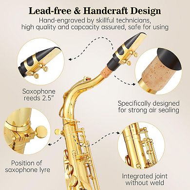 Tenor Saxophone, Beginner's Toolkit w/a Cleaning Cloth, Mouthpiece, Neck Strap, Reed, and Gloves