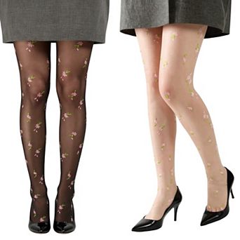 Women's 2-Pairs Sheer Floral Embroidered Tights with Delicate Blossom Pattern and Stretch Fit