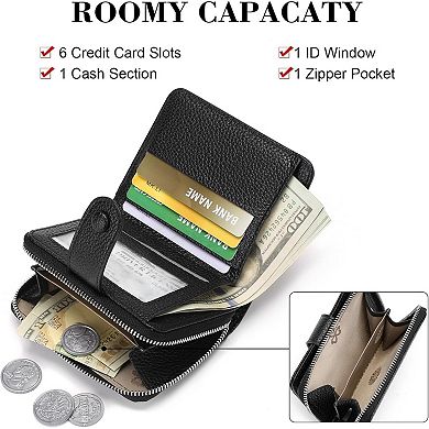 Small Bifold Wallet for Women, PU Leather Lightweight Purse with Zipper Pocket