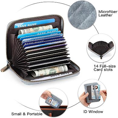 Slim Credit Card Wallet RFID Blocking, 14 Slots PU Leather, Compact for Women