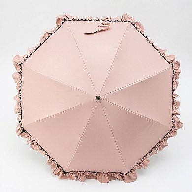 Dome Umbrella with Ruffle Trim Canopy Bamboo Style Handle and Wind Resistant Frame