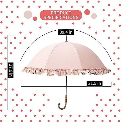 Dome Umbrella with Ruffle Trim Canopy Bamboo Style Handle and Wind Resistant Frame
