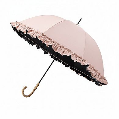 Dome Umbrella with Ruffle Trim Canopy Bamboo Style Handle and Wind Resistant Frame