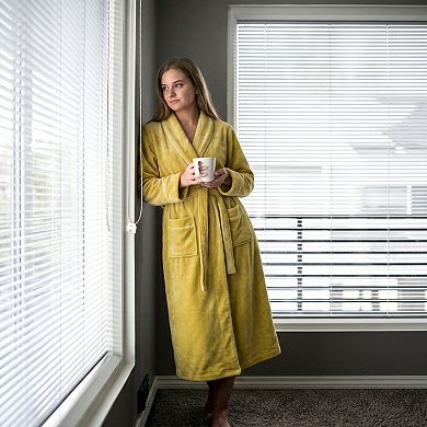 Plush Long Sleeve Wrap Bathrobe with Waist Tie Belt and Front Patch Pockets