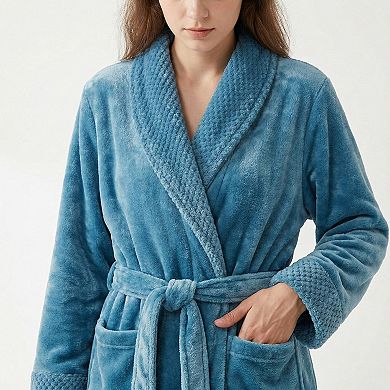 Plush Long Sleeve Shawl Collar Bathrobe with Waist Tie Belt and Front Patch Pockets
