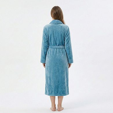 Plush Long Sleeve Shawl Collar Bathrobe with Waist Tie Belt and Front Patch Pockets