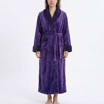 Plush Long Sleeve Shawl Collar Bathrobe with Waist Tie Belt and Front Patch Pockets