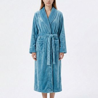 Plush Long Sleeve Shawl Collar Bathrobe with Waist Tie Belt and Front Patch Pockets