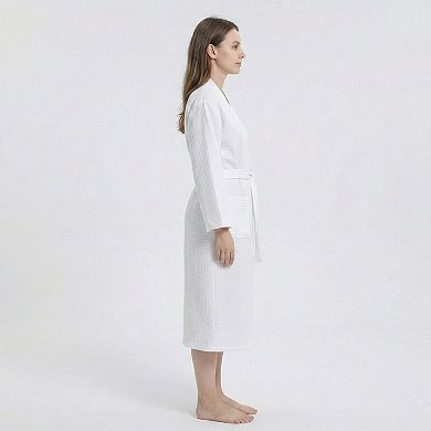 Waffle Knit Long Sleeve Bathrobe with Adjustable Waist Tie Belt and Front Patch Pockets