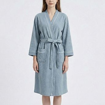 Waffle Knit Long Sleeve Bathrobe with Adjustable Waist Tie Belt and Front Patch Pockets