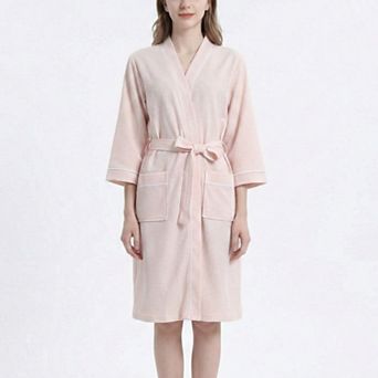 Waffle Knit Long Sleeve Bathrobe with Adjustable Waist Tie Belt and Front Patch Pockets