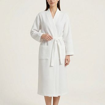 Waffle Knit Long Sleeve Bathrobe with Adjustable Waist Tie Belt and Front Patch Pockets