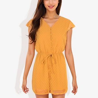 Women's Clip Chiffon Button Down Detail Gathered Waist Short Flutter Sleeve Fashion Romper