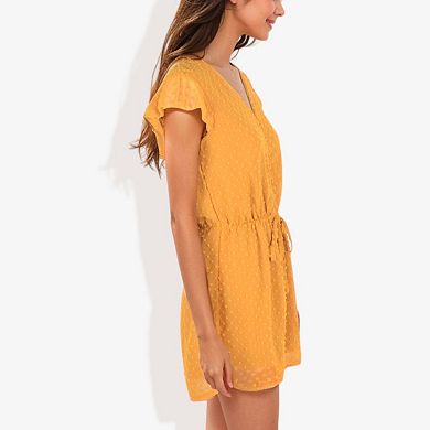Women's Clip Chiffon Button Down Detail Gathered Waist Short Flutter Sleeve Fashion Romper
