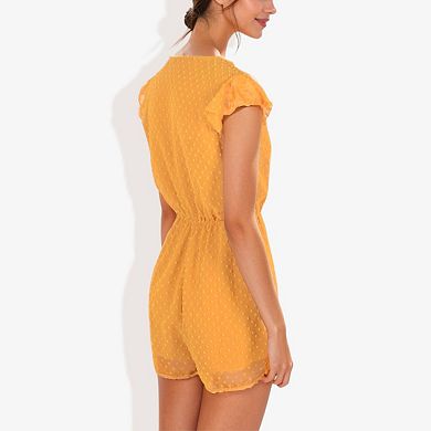 Women's Clip Chiffon Button Down Detail Gathered Waist Short Flutter Sleeve Fashion Romper