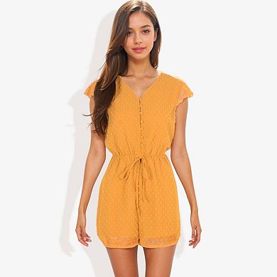 Women's Clip Chiffon Button Down Detail Gathered Waist Short Flutter Sleeve Fashion Romper