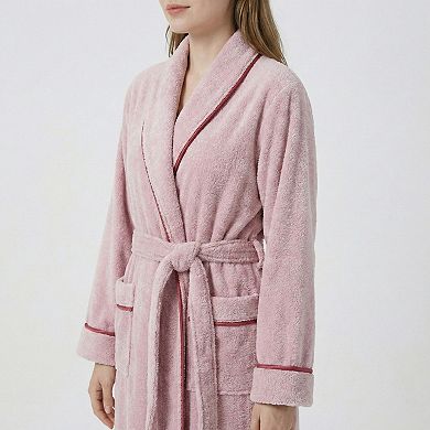 Plush Long Sleeve Shawl Collar Bathrobe with Contrast Trim and Adjustable Waist Tie Belt