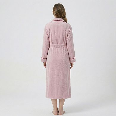 Plush Long Sleeve Shawl Collar Bathrobe with Contrast Trim and Adjustable Waist Tie Belt