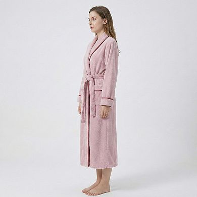 Plush Long Sleeve Shawl Collar Bathrobe with Contrast Trim and Adjustable Waist Tie Belt