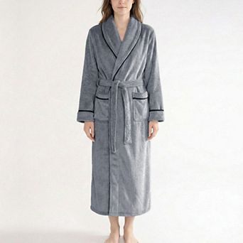 Plush Long Sleeve Shawl Collar Bathrobe with Contrast Trim and Adjustable Waist Tie Belt