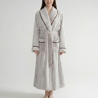 Plush Long Sleeve Shawl Collar Bathrobe with Contrast Trim and Adjustable Waist Tie Belt