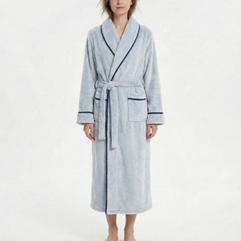 Plush Long Sleeve Shawl Collar Bathrobe with Contrast Trim and Adjustable Waist Tie Belt