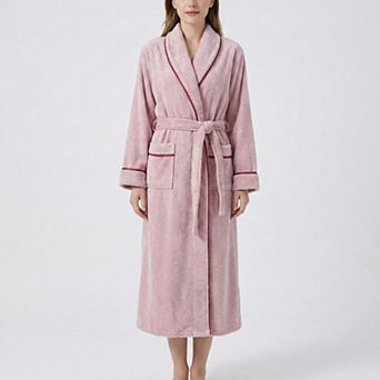 Plush Long Sleeve Shawl Collar Bathrobe with Contrast Trim and Adjustable Waist Tie Belt
