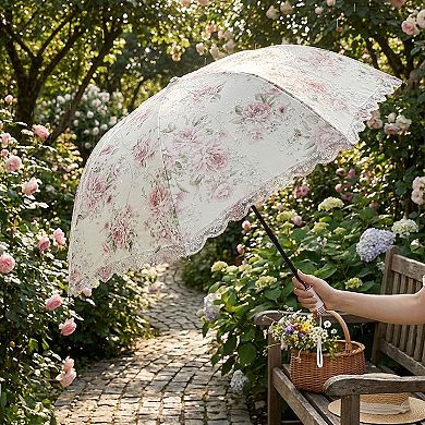 Vintage Floral Lace Trim Umbrella with Scalloped Edge Canopy