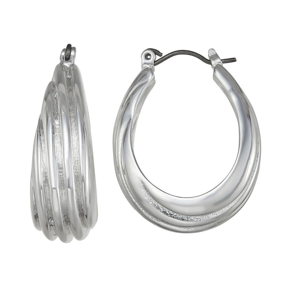 Napier Silver Tone Ridge Oval Hoop Earrings