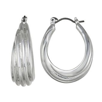 Napier Silver Tone Ridge Oval Hoop Earrings