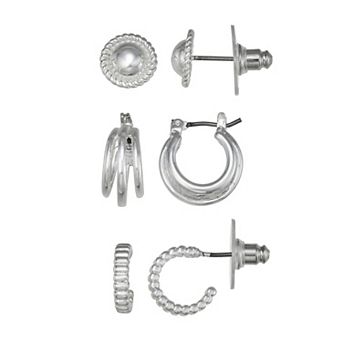 Napier Silver Tone Textured Stud Hoop Trio Earrings Set