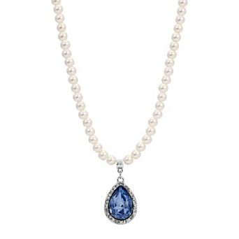 1928 Silver-Tone Simulated Pearl & Crystal Teardrop Pendant Necklace