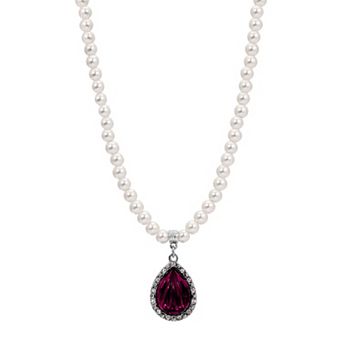 1928 Silver-Tone Simulated Pearl & Crystal Teardrop Pendant Necklace
