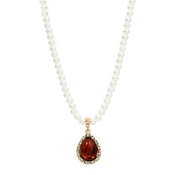 1928 Gold-Tone Simulated Pearl & Crystal Teardrop Pendant Necklace