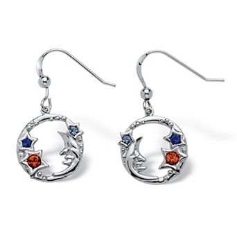 Round Crystal .925 Sterling Silver Antique-Finish Moon and Stars Drop Earrings