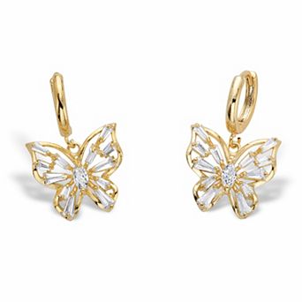 Marquise-Cut and Baguette-Cut Crystal Goldtone Butterfly Charm Earrings 1"
