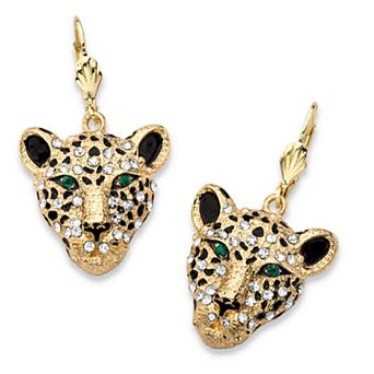 White and Green Crystal Goldtone Leopard Drop Earrings with Lever Backs