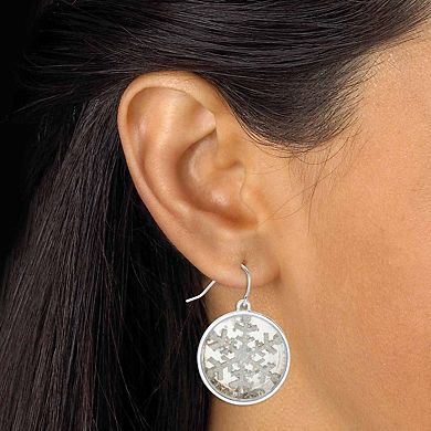 Round Crystal Silvertone Holiday Snowflake Drop Earrings 1"