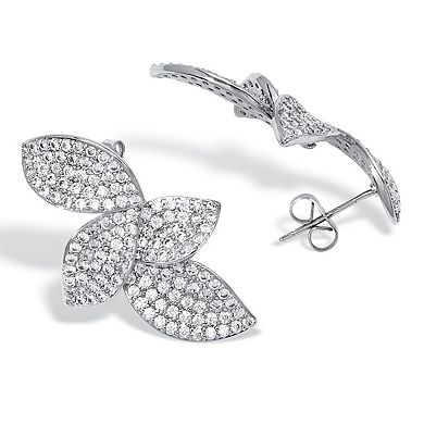 Round Pave-Style Crystal Silvertone Drop Flower Shape Earrings