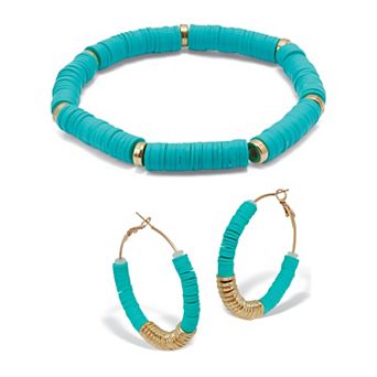 Teal Disc Bead Goldtone Hoop Earrings and Stackable Stretch Bracelet Set
