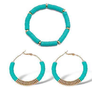 Teal Disc Bead Goldtone Hoop Earrings and Stackable Stretch Bracelet Set