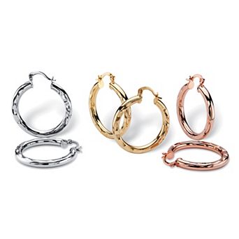 Tri-Tone 3-Pair Set of Goldtone, Rose Tone and Silvertone Hoop Earrings 1.25"